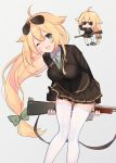  1girl ;d ahoge black_jacket black_skirt blazer blonde_hair bow breasts buttons chibi closed_eyes collared_shirt commentary_request cona_kinaco eyewear_on_head feet_out_of_frame girls_frontline green_bow green_eyes grey_background gun hair_bow hair_flaps hair_ornament hand_on_eyewear hand_up highres holding holding_gun holding_weapon jacket large_breasts leaning_forward long_hair looking_at_viewer low-tied_long_hair m1918_bar m1918_bar_(girls_frontline) machine_gun miniskirt necktie object_namesake one_eye_closed open_mouth pleated_skirt rock school_uniform shirt sidelocks simple_background skirt smile solo sparkle standing strap sunglasses thigh-highs very_long_hair weapon white_legwear white_shirt wing_collar zettai_ryouiki 