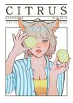 1girl animal_ears bangs blunt_bangs blush braid breasts cat_ears cleavage collarbone dated english_text final_fantasy final_fantasy_xiv food freckles fruit icebear_kvitebjoern lemon lemon_slice light_brown_hair lips miqo&#039;te open_clothes open_mouth open_shirt outside_border red_eyes shirt solo striped striped_shirt white_background 