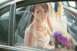  1girl blurry bouquet bride brown_eyes brown_hair car commentary depth_of_field dress earrings eiri_su english_commentary flower ground_vehicle holding jewelry looking_at_viewer motor_vehicle original parted_lips photo-referenced signature sitting smile veil wedding_dress 