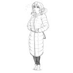  1girl artist_request coat copyright_request hair_ribbon highres monochrome ribbon short_hair simple_background solo white_background 