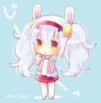  1girl :o animal_ears azur_lane bangs blue_background blush camisole chibi collarbone commentary_request eyebrows_visible_through_hair full_body grey_footwear hair_between_eyes hair_ornament hairband jacket kouu_hiyoyo laffey_(azur_lane) long_sleeves looking_at_viewer off_shoulder open_clothes open_jacket parted_lips pink_jacket pleated_skirt rabbit_ears red_eyes red_hairband red_skirt shoes silver_hair skirt solo standing thigh-highs translated twintails twitter_username white_camisole white_legwear 