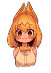  1girl :3 animal_ears blonde_hair blush bow bowtie breasts brown_eyes cropped_torso extra_ears eyebrows_visible_through_hair eyes_visible_through_hair highres kemono_friends looking_at_viewer medium_hair more_e_4km portrait serval_(kemono_friends) serval_ears shirt simple_background sleeveless sleeveless_shirt smile solo white_background white_shirt yellow_bow yellow_neckwear 