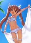  1girl :d arm_up ass_visible_through_thighs bangs bare_shoulders bikini blue_sky blush bow brown_eyes brown_hair collarbone commentary_request day eyebrows_visible_through_hair fang frilled_bikini frills hair_between_eyes hair_bow hair_ornament hair_ribbon highres holding holding_towel kantai_collection kawakami_rokkaku libeccio_(kantai_collection) long_hair looking_at_viewer navel open_mouth outdoors outstretched_arms polka_dot polka_dot_bow revision ribbon sky smile solo standing stomach swimsuit tan thigh_strap towel tree twintails very_long_hair 