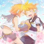  1boy 1girl back bare_shoulders bass_clef belt belt_buckle blonde_hair blush bow buckle cherry_blossoms closed_eyes commentary_request cowboy_shot crop_top detached_sleeves eighth_note forehead-to-forehead hair_bow hair_ornament hairclip hand_holding headphones interlocked_fingers kagamine_len kagamine_rin leaning_forward musical_note necktie petals ponytail quarter_note reki_(arequa) sailor_collar short_hair short_sleeves shorts sky smile staff_(music) vocaloid white_bow yellow_neckwear 