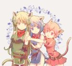  3girls animal_ears arms_behind_back belt blue_eyes blue_hair cat_ears cat_tail closed_mouth dress elbow_gloves est fake_animal_ears fake_tail fingerless_gloves fire_emblem fire_emblem:_mystery_of_the_emblem gloves green_eyes green_hair headband katua long_hair lowres multiple_girls nintendo open_mouth paola parted_lips pink_eyes pink_hair short_dress short_hair short_sleeves siblings side_slit sisters sleeveless tail waka_ashakoniwa white_headband 