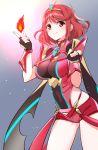  1girl black_gloves breasts closed_mouth earrings fingerless_gloves fire gloves headpiece pyra_(xenoblade) jewelry looking_at_viewer medium_breasts misu_kasumi nintendo red_eyes red_shorts redhead short_hair shorts shoulder_armor smile solo xenoblade_(series) xenoblade_2 