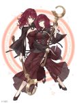  2girls angelic_alphabet cross-laced_clothes devola eyebrows_visible_through_hair full_body green_eyes highres holding holding_staff ji_no looking_at_viewer magic_circle medium_hair messy_hair multiple_girls nier nier_(series) official_art parted_lips popola redhead siblings sinoalice sisters square_enix staff twins white_background wide_sleeves 