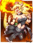  artist_name bangs bare_shoulders black_collar black_dress black_legwear black_nails blonde_hair blue_eyes bowsette bracelet breasts breathing_fire brooch cleavage collar collarbone crown dress eyebrows eyebrows_visible_through_hair fangs fingernails fire full_body hair_between_eyes hands_up highres hitomori horns jewelry long_hair looking_at_viewer super_mario_bros. nail_polish navel new_super_mario_bros._u_deluxe nintendo open_mouth pointy_ears sharp_fingernails sidelocks sparks spiked_armlet spiked_bracelet spiked_collar spiked_shell spiked_tail spikes stomach strapless strapless_dress super_crown tail thigh-highs torn_clothes torn_dress turtle_shell v-shaped_eyebrows zettai_ryouiki 