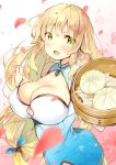  1girl ass aurora_(f10)_(azur_lane) azur_lane baozi blonde_hair blush breasts china_dress chinese_clothes cleavage cleavage_cutout dress floral_background food giving green_eyes kibii_mocha large_breasts long_hair looking_at_viewer open_mouth petals smile solo very_long_hair 