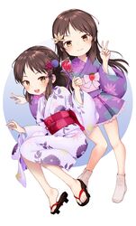  2girls arm_up brown_eyes brown_hair candy_apple dakimakura_(ofin) floral_print flower food hair_bun hair_flower hair_ornament highres idolmaster idolmaster_cinderella_girls japanese_clothes kimono long_hair multiple_girls obi open_mouth outstretched_arm purple_kimono sandals sash short_kimono short_yukata smile socks tachibana_arisu toes v white_kimono yukata 