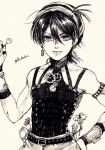  1boy armband aruti candy collar food gears greyscale hairband hand_on_hip jewelry jojo_no_kimyou_na_bouken lollipop machinery male_focus monochrome narancia_ghirga nib_pen_(medium) single_earring solo tongue tongue_out traditional_media twitter_username upper_body vento_aureo wrist_cuffs 