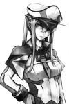  1girl breasts capelet graf_zeppelin_(kantai_collection) greyscale hand_on_hip hat hat_over_one_eye iron_cross kantai_collection kurou_(bcrow) medium_breasts military military_hat military_uniform monochrome peaked_cap sidelocks solo uniform upper_body 