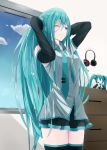  1girl adjusting_hair aqua_eyes aqua_hair arms_up bare_shoulders blush breasts cabinet character_doll clouds commentary detached_sleeves hair_ornament hair_ornament_removed hatsune_miku headphones headset highres long_hair medium_breasts messy_hair milaria necktie one_eye_closed skirt sky solo thigh-highs very_long_hair vocaloid window zettai_ryouiki 