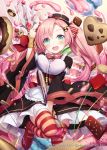  1girl :d akkijin aqua_eyes black_dress breasts brown_hat cake candy chocolate cookie doughnut dress food hat heart large_breasts long_hair looking_at_viewer official_art open_mouth pink_hair polearm red_ribbon ribbon shinkai_no_valkyrie smile striped striped_ribbon thigh-highs trident twintails weapon 
