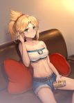  1girl @_@ bangs bare_arms bare_shoulders beer_can belt belt_buckle blonde_hair blue_shorts blush breasts buckle can cleavage cleavage_cutout collarbone commentary_request couch cutoffs denim denim_shorts drooling drunk eyebrows_visible_through_hair fate/grand_order fate_(series) green_eyes hair_ornament hair_scrunchie hand_in_hair holding holding_can leaning_forward long_hair looking_at_viewer medium_breasts mogullaz mordred_(fate) mordred_(fate)_(all) navel nose_blush on_couch parted_bangs parted_lips pillow ponytail scrunchie shorts sitting solo spread_legs stomach strapless sweat tubetop v-shaped_eyebrows 