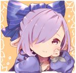  alternate_costume alternate_hairstyle blush_stickers granblue_fantasy hair_over_one_eye hair_ribbon hand_on_own_cheek harvin looking_at_viewer nio_(granblue_fantasy) pointy_ears puffy_sleeves purple_hair ribbon smile tadano_omake violet_eyes 