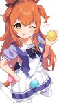  animal_ears ball commentary_request hair_ornament highres horse_ears inuyama_nanami long_hair looking_at_viewer mayano_top_gun one_eye_closed orange_eyes orange_hair school_uniform simple_background thigh-highs tongue tongue_out umamusume white_background white_legwear 
