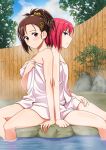  2girls back-to-back blue_eyes blush breasts brown_eyes brown_hair day derivative_work flat_chest hair_ornament hair_scrunchie high_ponytail highres looking_at_viewer maximilian-destroyer medium_breasts multiple_girls murenase!_shiiton_gakuen naked_towel onsen outdoors redhead scrunchie shiny shiny_skin short_hair sitting smile towel white_towel yellow_scrunchie 