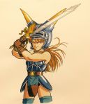  1girl armor bangs brown_gloves cowboy_shot daisy_(dq) dragon_quest dragon_quest_yuusha_abel_densetsu gloves helmet highres holding holding_sword holding_weapon horned_helmet lee_(dragon_garou) long_hair orange_eyes orange_hair solo sword thigh-highs toned toriyama_akira_(style) traditional_media weapon 