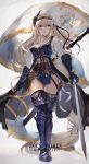  1girl armor battle_standard belt black_legwear blonde_hair blue_armor blue_eyes breasts character_name cleavage collarbone commentary_request dual_wielding flag flower gauntlets granblue_fantasy greaves hair_flower hair_ornament hair_ribbon hairband highres holding jeanne_d&#039;arc_(granblue_fantasy) long_hair looking_at_viewer oyu_(sijimisizimi) parted_lips ribbon shirt single_bare_shoulder solo sword thigh-highs thighs very_long_hair weapon white_shirt 