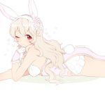  1girl animal_ears bunny_tail closed_mouth cute fake_animal_ears fake_tail female_my_unit_(fire_emblem_if) fire_emblem fire_emblem_heroes fire_emblem_if from_side gloves heart intelligent_systems long_hair looking_to_the_side lying moe my_unit_(fire_emblem_if) nintendo on_stomach one_eye_closed plushcharm pointy_ears rabbit_ears red_eyes simple_background smile solo tail twitter_username white_background white_gloves white_hair 