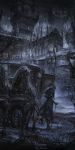  1boy 6+girls architecture bare_tree bloodborne cane capelet carriage castle copyright_name dark fence ghost grey_hair hat highres horse hunter_(bloodborne) lantern long_hair low_ponytail multiple_girls night railing scenery stu_dts tree walking 