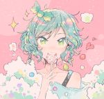  1girl aqua_hair bang_dream! bow candy collarbone food green_bow green_eyes hair_bow heart hikawa_hina holding_lollipop itomugi-kun lollipop looking_at_viewer off_shoulder pink_background short_hair side_braids soap_bubbles solo sparkle star star-shaped_pupils symbol-shaped_pupils upper_body 