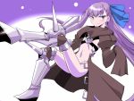  1girl commentary_request cropped_jacket eyebrows_visible_through_hair fate/extra fate/extra_ccc fate_(series) flat_chest hair_ribbon knee_spikes long_hair looking_at_viewer meltlilith navel prosthesis prosthetic_leg purple_hair ribbon sako_(bosscoffee) sitting sleeves_past_wrists smile solo spikes violet_eyes 
