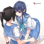  2girls bangs black_hair blue_hair blue_neckwear blue_sailor_collar blue_skirt chocolate heart hibike!_euphonium kasaki_nozomi kneehighs liz_to_aoi_tori long_hair medium_skirt multiple_girls pleated_skirt ponytail sailor_collar school_uniform serafuku shirt short_sleeves sidelocks skirt white_legwear white_shirt yoroizuka_mizore yuri yuuyu_(777) 