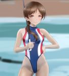  1girl ass_visible_through_thighs blurry brown_eyes brown_hair commentary_request competition_swimsuit contrapposto cowboy_shot depth_of_field hair_over_shoulder hand_on_hip highleg highleg_swimsuit highres idolmaster idolmaster_cinderella_girls long_hair looking_at_viewer low_ponytail nitta_minami one-piece_swimsuit racequeen smile solo swimsuit taka_(takahirokun) turtleneck umbrella 