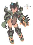  1girl :o bangs blade_(galaxist) blush brown_hair brown_legwear commentary_request copyright_request covered_navel dark_skin eyebrows_visible_through_hair full_body hair_between_eyes hand_on_hip mecha_musume parted_lips red_eyes simple_background solo white_background 