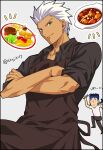  2boys akujiki59 apron archer_(fate) artist_name blue_hair brown_apron closed_mouth commentary_request crossed_arms cu_chulainn_(fate) cu_chulainn_(fate/stay_night) fate_(series) floating_hair food fork grey_background grey_eyes holding holding_fork long_hair male_focus multiple_boys notice_lines outline pants ponytail shirt short_sleeves smile spiky_hair white_hair white_shirt 