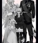  2boys 3girls ahoge aiguillette animal_ear_fluff animal_ears arknights baby bead_necklace beads belt cliffheart_(arknights) closed_mouth cowboy_shot cravat dress formal greyscale hair_between_eyes head_out_of_frame holding_baby jewelry kaifei_29 leopard_ears leopard_tail long_hair long_sleeves looking_at_viewer medal military military_uniform monochrome multiple_boys multiple_girls necklace pants pillarboxed pramanix_(arknights) shirt short_hair silverash_(arknights) smile spotted_fur suit tail uniform vest younger 