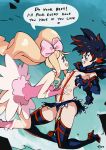  2girls bared_teeth big_hair black_hair blonde_hair blue_eyes blush_stickers boots bow breasts commentary dress drill_hair english_commentary english_text garter_straps hair_bow hairpods hands_on_another&#039;s_stomach harime_nui high_heel_boots high_heels highres kill_la_kill matoi_ryuuko medium_breasts microskirt midriff multicolored_hair multiple_girls pink_dress profanity rape_face redhead revealing_clothes short_hair sideways_mouth skirt strapless strapless_dress suspenders thigh-highs thigh_boots twin_drills twintails two-tone_hair typo_(requiemdusk) under_boob yuri 