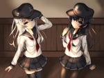  2girls :o akatsuki_(kantai_collection) anchor anchor_symbol bangs black_legwear blue_eyes blush clenched_hand flat_cap hair_between_eyes hat hibiki_(kantai_collection) highres indoors kantai_collection kneehighs light_particles long_hair long_sleeves looking_at_viewer multiple_girls neckerchief open_mouth pantyhose pin pleated_skirt purple_hair red_neckwear sailor_collar school_uniform serafuku silver_hair skirt smile touchuu_kasou 