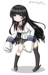  1girl asymmetrical_legwear bangs black_hair blue_sailor_collar blunt_bangs commentary_request dated disconnected_mouth eyebrows_visible_through_hair full_body gloves grey_skirt hair_ribbon isokaze_(kantai_collection) kantai_collection kneehighs leaning_forward long_hair long_sleeves masara_(masalucky2010) neckerchief oversized_gloves pleated_skirt red_eyes ribbon sailor_collar school_uniform serafuku simple_background single_kneehigh single_thighhigh skirt smile solo thigh-highs tress_ribbon twitter_username white_background white_gloves yellow_neckwear 