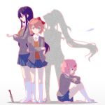  4girls blood blood_stain blue_eyes book bow collar doki_doki_literature_club empty_eyes hair_bow hair_ornament hair_ribbon hairclip highres knife long_hair long_sleeves monika_(doki_doki_literature_club) multiple_girls natsuki_(doki_doki_literature_club) neck_ribbon paper pink_eyes pink_hair pleated_skirt purple_hair red_bow red_ribbon ribbon sayori_(doki_doki_literature_club) school_uniform shoes short_hair silhouette sitting skirt spoilers standing static uwabaki violet_eyes white_collar yoh_(poyo643) yuri_(doki_doki_literature_club) 
