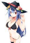  1girl bangs bare_arms bare_shoulders bikini black_bikini black_hat black_legwear blue_hair blush breasts commentary_request cowboy_shot eyebrows_visible_through_hair flower food fruit hair_between_eyes hair_flower hair_ornament hand_on_own_chest hand_up hat hat_flower highres hinanawi_tenshi large_breasts leaf long_hair looking_at_viewer navel peach red_eyes red_ribbon ribbon simple_background solo standing stomach strap_pull swimsuit tetsurou_(fe+) thigh-highs thighs touhou very_long_hair white_background white_flower yellow_flower 