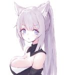  1girl :o animal_ear_fluff animal_ears bangs bare_shoulders blue_eyes blunt_bangs breasts buran_(kure) bustier cat_ears cleavage detached_collar detached_sleeves eyebrows_visible_through_hair highres large_breasts long_hair looking_at_viewer original ponytail profile silver_hair solo white_background 