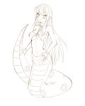  1girl bad_id blush bracelet breasts chains choker cleavage highres jewelry lamia lamia_(monster_girl_encyclopedia) large_breasts loincloth long_hair mamono_girl_lover midriff monochrome monster_girl monster_girl_encyclopedia pointy_ears side6667 snake_tail solo tail 