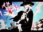  1boy 1girl checkered checkered_floor cigarette cross hat hug jinnsei nun open_mouth sho_ga75 source_request top_hat 