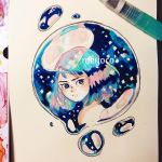 1girl artist_name bangs blue_eyes blue_hair bubble looking_at_viewer meyoco multicolored_hair original photo pink_hair serious solo traditional_media 