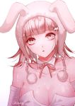  1girl @ animal_ears animal_hat breasts bunny_hat collarbone commentary_request dangan_ronpa detached_collar detached_sleeves eyebrows_visible_through_hair face flipped_hair hair_ornament hairclip hat large_breasts looking_at_viewer mole mole_on_breast nanami_chiaki parted_lips pink_eyes pink_hair pink_neckwear pink_ribbon rabbit_ears ribbon sakuyu short_hair solo super_dangan_ronpa_2 twitter_username 