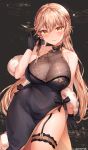  1girl artist_name bangs bare_shoulders black_bow black_dress black_gloves black_ribbon blonde_hair blush bow braid breasts cleavage closed_mouth collarbone curvy dress eyebrows_visible_through_hair feather_boa garter_straps girls_frontline gloves hair_between_eyes hair_ribbon hand_up highres large_breasts leg_garter lips long_hair looking_at_viewer low_twintails ots-14_(girls_frontline) painteen ribbon see-through side_slit smile solo twintails very_long_hair wide_hips yellow_eyes 