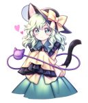  1girl :3 animal_ear_fluff animal_ears bow cat_ears cat_tail commentary frilled_shirt_collar frilled_sleeves frills green_eyes green_hair green_skirt hat hat_bow heart heart-shaped_pupils kemonomimi_mode komeiji_koishi long_hair long_sleeves looking_at_viewer miy_001 shirt simple_background skirt sleeves_past_fingers sleeves_past_wrists smile solo symbol-shaped_pupils tail tilted_headwear touhou wavy_hair white_background wide_sleeves yellow_bow yellow_shirt 