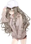  1girl arm_up bangs baseball_cap blush brown_eyes brown_hair brown_hoodie character_name closed_mouth clothes_writing commentary_request drawstring eyebrows_visible_through_hair futaba_rio glasses hair_between_eyes hand_in_pocket hand_on_headwear hat highres hood hood_down hoodie long_sleeves seishun_buta_yarou shirousa simple_background sleeves_past_wrists solo white_background white_hat 