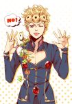  1boy aruti blonde_hair blue_eyes bug butterfly cup earrings flower giorno_giovanna insect jewelry jojo_no_kimyou_na_bouken male_focus one_eye_closed plant polka_dot polka_dot_background solo stud_earrings teacup tongue tongue_out upper_body vento_aureo 