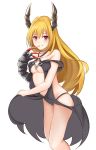  1girl absurdres bangs bare_arms bare_legs bare_shoulders black_panties blonde_hair blush breasts chisaku cloak commentary_request dot_nose eyebrows_visible_through_hair feet_out_of_frame gauntlets hair_between_eyes highres horns konjiki_no_yami long_hair looking_at_viewer medium_breasts mismatched_sleeves off_shoulder panties red_eyes revealing_clothes smile solo standing stomach to_love-ru underwear 