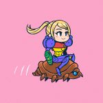  1girl akairiot arm_cannon blonde_hair blue_eyes blush_stickers chibi long_hair metroid nintendo no_headwear no_helmet no_nose pink_background ponytail power_armor power_suit riding ripper_(metroid) samus_aran shoulder_pads simple_background smile varia_suit weapon 