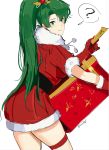  1girl ? absurdres alternate_costume asymmetrical_bangs bangs box christmas earrings fire_emblem fire_emblem:_rekka_no_ken fire_emblem_heroes fur-trimmed_collar fur-trimmed_sleeves fur_trim gloves green_eyes highres intelligent_systems jewelry long_hair lyndis_(fire_emblem) nintendo ormille red_gloves santa_costume sketch solo spoken_question_mark thighs twitter_username white_background 
